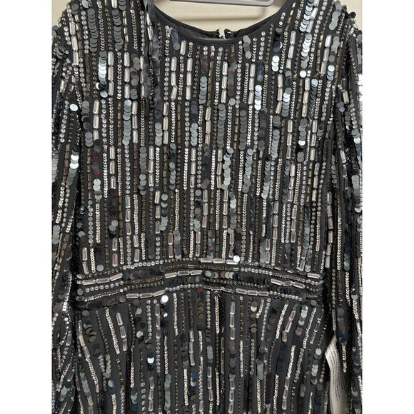 Mac Duggal 93590A Gray Sequin Beaded Long Sleeve Cocktail Dress Size 16 NWT - Picture 6 of 11